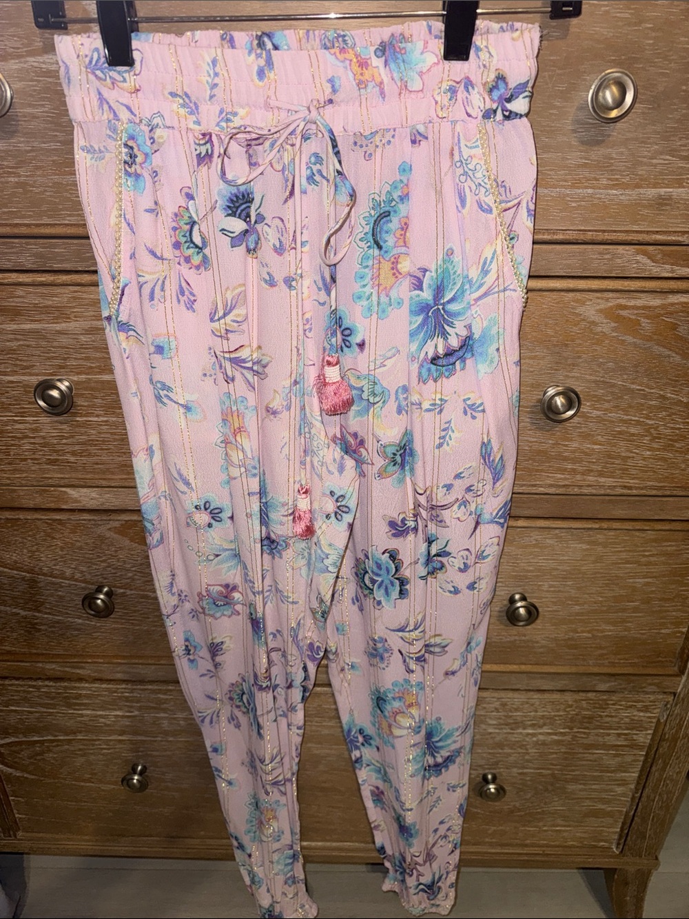 HEMANT & NANDITA Pink Floral Drawstring Joggers with Tassel Detail